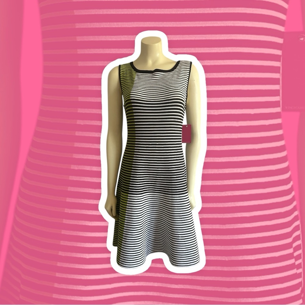 Striped Black and White Sleeveless Dress with Green Colorblocking